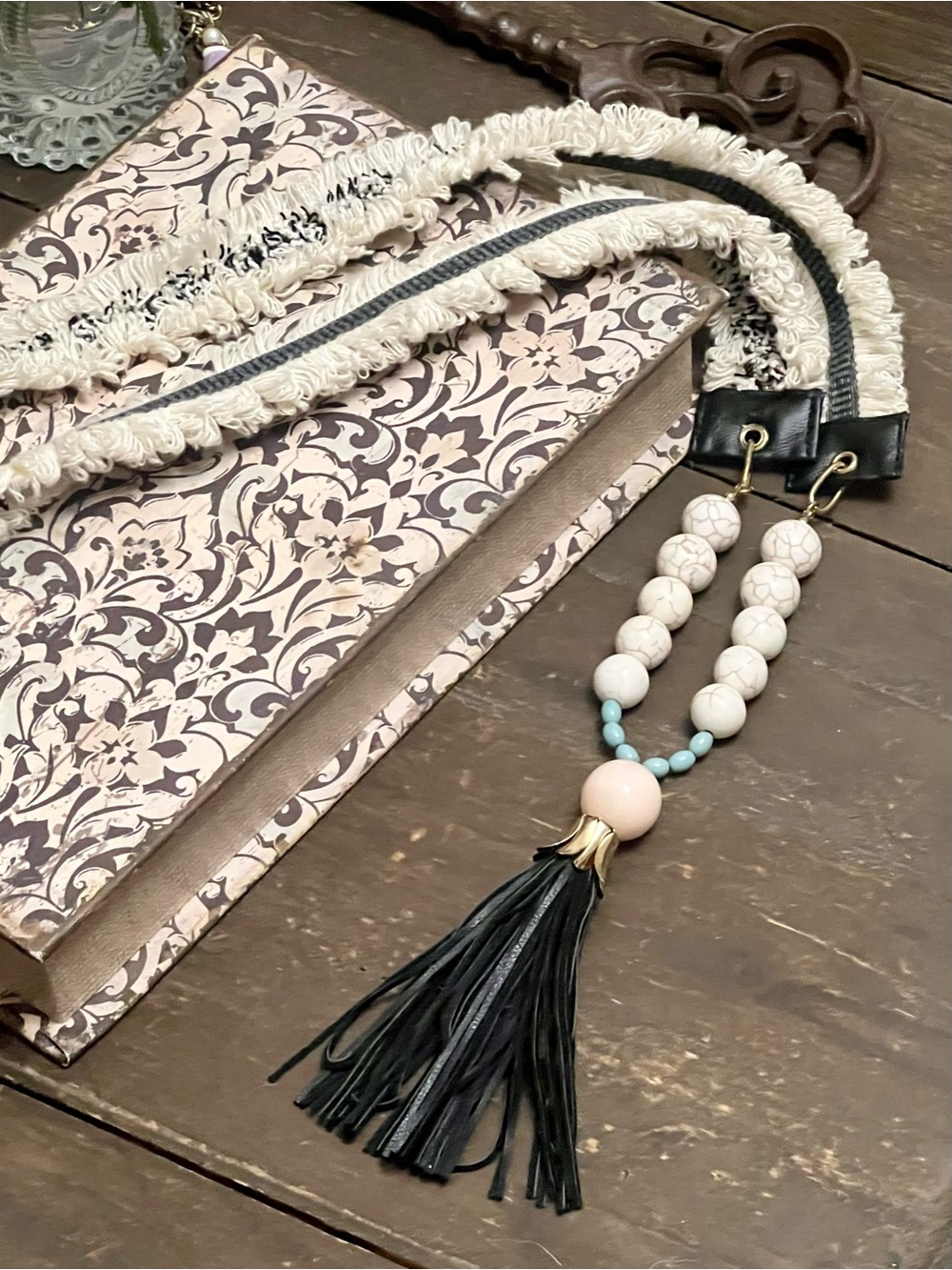 Boho Fringe Bead Necklace Strap in Cream, Black & Turquoise